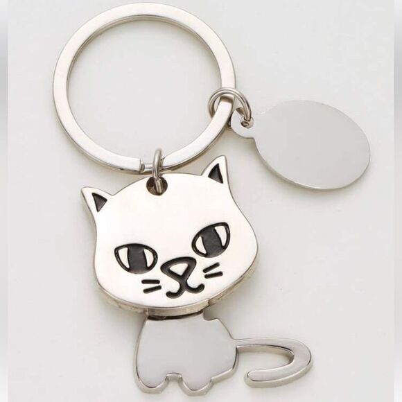 Cute Cat Keychain • Rotating Charm • Silver Metal Accessory - New - Picture 2 of 10